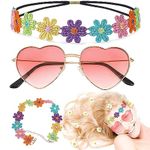 DOKLY 3 Pcs Hippie Costume Set, Includes Heart Shaped Sunglasses Flower Headbands Daisy Bracelet, Vintage Hippy Glasses