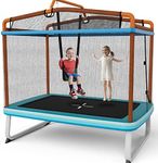 COSTWAY 3 in 1 Kids Trampoline, 6FT Mini Toddler Trampolines with Swing, Horizontal Bar and Enclosure Safety Net, Rectangle Trampoline for Outdoor Indoor (Blue + Orange)