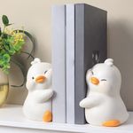 SMELEYOU Bookends, Bookends Ducks Decorative Book Ends 2Pcs Cute Cartoon Duck Hug Unique Book Ends Resin Book Stopper Holder for Desk Bookshelf Decor