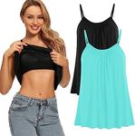 Womens Loose Camisole Top with Built in Padded Bra Flowy Pleated Tank Cami Top, 2pack Black-turquoise Blue, Medium