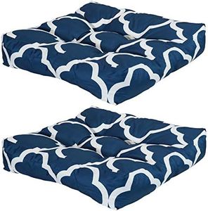 Sunnydaze 20-Inch Square Tufted Indoor/Outdoor Patio Cushions - Set of 2 - Navy Blue and White Quatrefoil