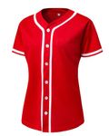 YWIES Womens Button Down Baseball Jersey, Blank Softball Team Uniform, Hip Hop Hipster Short Sleeve Active Shirts, Red, Small