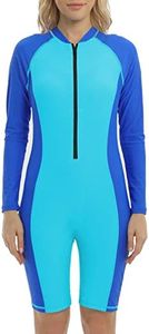 Halcurt Womens Boyleg One Piece Rashguard Swimsuit UPF 50 Zipper Surfing Wetsuit, Royal Blue/Light Blue, Large