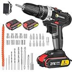 CONENTOOL Cordless Drill Driver 21V with 2 Batteries 2000mAh, 45Nm Max Electric Drill,3-Function Hammer Drill and Screwdriver Set, 25+3 Torque Setting, 3/8inch Chuck, 2 Speed, LED Light