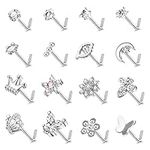 Finrezio 16Pcs 20G Nose Rings Studs Stainless Steel L Shaped Nose Rings for Women Men Cubic Zirconia Flower Butterfly Snowflake Heart Moon Nose Piercing Jewelry