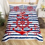 Anchor Comforter Cover Twin Size Nautical Compass Duvet Cover For Kids Boys Girls Teens, Geometric Stripes Bedding Set Ocean Sailboat Retro Theme Bed Set With 1 Pillow Case, Navy Blue And Red