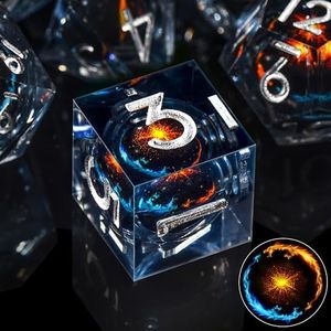 SIQUK 7 Pièces Jeu de Dés DND Dés Polyédriques Résine Dés Liquid Core Dés D4 D6 D8 D10 D12 D20 D% pour Donjons et Dragons MTG RPG (Dragon Bleu & Doré)