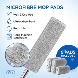 SqueezyPeasy Flat Mop and Bucket Set – 3-Chamber, 5 Microfibre Pads, 360° Rotating Head