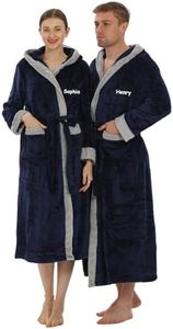 2pc His and Her Hooded Plush Robes with Custom Names - Personalized Couple Robes for Women & Men - Luxurious Spa Bathrobes - Navy