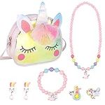 FANKUTOYS 7 PCS Kids Jewelry Little Girls Handbag Unicorn Necklace Bracelet Earrings Ring Hair Clips Set, Unicorn Purse Jewelry Party Favors Gift for Dress up Pretend Play