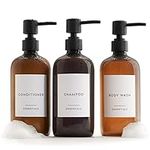 Beautiful Shampoo and Conditioner Dispenser Set of 3 - Modern 21oz Shower Soap Bottles with Pump and Labels - Easy to Refill Body Wash Dispensers for an Instant Bathroom Decor Upgrade