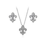 BERRICLE Rhodium Plated Sterling Silver Cubic Zirconia CZ Fleur De Lis Necklace and Earrings Set