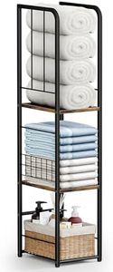 KIMBORA Narrow Towel Storage for Bathroom, 3-Tier Free Standing Bathroom Towel Rack Organizer with Shelf for Small Bath, Pool, Brown
