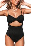 CUPSHE Women Swimsuit One Piece Bathing Suit Scallop Trim Cutout with Spaghetti Straps, S Black