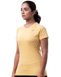 Womink Women's Sports T-Shirt I Elastane Stretch Regular Fit Solid Round Neck Short Sleeve Tshirts I Anti-Bacterial, Quick Drying I Tees for Running Yoga Gym Workout Girls & Women (Large, Lemon)