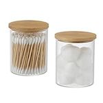 Glass Apothecary Jars, 2 Pack Qtip Holder Dispenser Glass Bathroom Vanity Jars Containers Organizer with Bamboo Lids for Cotton Balls Swabs Pads Rounds Q-tip Bath Salts