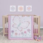 Sammy & Lou Floral Butterfly 4-Piece Baby Nursery Crib Bedding Set for Girls, Includes Quilt, Fitted Crib Sheet, Crib Skirt, and Plush Toy