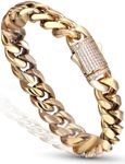 Luxfine 12mm Miami Cuban Link Bracelet 14K REAL Gold Plated Hypoallergenic Premium Stainless Steel Hip Hop Jewelry For Men Women Father Day Birthday Gift (No Color Fade, Double-sided Iced Out Clasp),