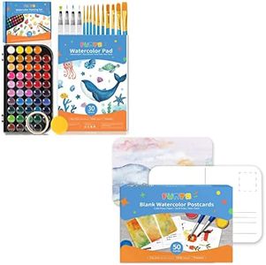 Funto Watercolor Painting Bundle with Postcards Watercolor Paint Set with 48 Colors, 30-Sheet Watercolor Pad, and 50 Blank Watercolor Postcards