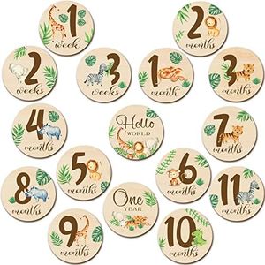 16 Pieces Wooden Baby Monthly Milestone Cards Jungle Animal Baby Monthly Milestone Marker Discs Double Sided Safari Animal Wooden Circles Baby Months Signs for Baby Shower Newborn Photo Props