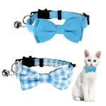 2 Pcs Cute Cat Collar for Boy Cats Breakaway Cat Collars Kitten Bow Tie Collar with Bell Adjustable Small Puppy Safety Collar Solid Color Plaid Pet Collar (Blue)