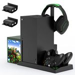 Vertical Cooling Stand with Cooling Fan for Xbox Series X Console & Controller,Accessories with 2x1400mAh Rechargeable Batteries and Dual Controller Charger Dock Station&Headset Holder&10 Game Slots