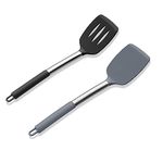 Silicone Spatula Set of 2, E-far Solid & Slotted Turner for Nonstick Cookware, Heat Resistant Rubber Kitchen Cooking Utensils for Flipping Fish Pancake Egg (Black + Grey)