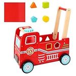 SOKA Wooden Fire Engine Rider and Push Along Toy with Shape Blocks Baby Toddler First Step Activity Walker Push & Pull Walking Wagon Gift for Kids Children Boys Ages 1 year old +