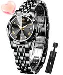 OLEVS Black Watch for Women Fashion Diamond Elegant Dress Analog Quartz Ladies Small Wrist Watches Stainless Steel Day Date Waterproof Luminous