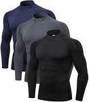 Odoland 3 Pack Mens Long Sleeve Compression Shirts, Mock Turtleneck Shirts, Active Workout Cool Dry Athletic Base Layer Top, Black/Grey/Navy Blue, L