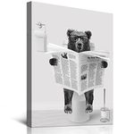 Black and White Wall Art Decor - Bear with Glasses Sitting in Toilet Reading Newspaper Canvas Prints Pictures Funny Animals Artwork for Bathroom Farmhouse Walls Decoration Framed 12"x16"