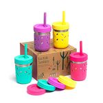 Elk and Friends Stainless Steel Cups | Mason Jar 10oz | Kids & Toddler Cups with Silicone Sleeves & Silicone Straws with Stopper | Sippy Cups, Spill Proof Cups for Kids, Smoothie Cups