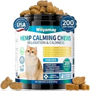 Woyamay Hemp Cat Calming Treats, 200 Treats Calming Chews for Cats for Anxiety & Stress Relief, Calming Treats for Cats with Hemp Oil, Melatonin Cat Calming Chews for Stress | Sleep | Separation