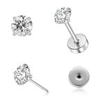 2mm Tiny CZ Flat Screw Back Stud Earrings for Unisex, Gold Screw on Flat Back Earrings, Helix Flatback Piercing Jewelry Gifts for Women Girls(Silver, 2mm)