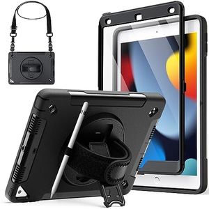 JETech Case for iPad 10.2-Inch (9th/8th/7th Generation, 2021/2020/2019) with Built-in Screen Protector, Protective Shockproof Rugged Tablet Cover, 360° Rotating Hand Strap Stand (Black)