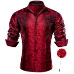 Barry.Wang Men's Dress Shirts Silk Flower Button Down Long Sleeve Shirt with Brooch Pin Baroque Victorian Dress Shirt, Red Black With Corsage, Medium