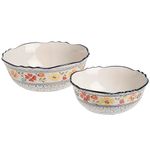 Gibson Elite 92996.02R Luxembourg Handpainted 8" & 10" Serving Bowls, Blue and Cream w/Floral Pesigns