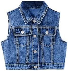 SweatyRocks Girl's Denim Vest Button Down Sleeveless Jean Jacket Outerwear with Pockets Dark Wash 10Y