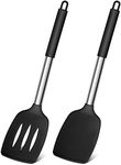 Silicone Spatula, Joyfair Stainless Steel Spatula Pack of 2, Cooking Turner/Non Stick Kitchen Slotted Spatula Ideal for Fish, Eggs, Pancakes, Heat Resistant & Dishwasher Safe, Black