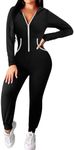 Ekouaer Women Hooded Jumpsuit Long Sleeve Onesie Zip Up One Piece Pajamas Novelty Sleepwear for Women Black S