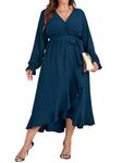 SCOMCHIC Women Plus Size Wedding Guest Maxi Dress Long Sleeve Wrap V Neck High Low Split Ruffle Cocktail Dress with Belt, Lake Blue, XX-Large Plus