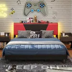 Bestier King Size Gaming Bed Frame with LED Light and Adjustable Headboard, PU Leather Upholstered Platform Bed with Storage Shelf, Solid Wood Slat Support, No Box Spring Needed, No Squeak(Black-Red)