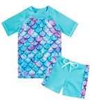 Kinberr Little Girls Swimsuit Blue Fish Scale Short Sleeve Swimwear Summer Sun Protection Bathing Suit with Drawstring