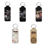 Baxinh Full Set of 5 Pieces Chapstick Holder Keychain for Women Girl, Neoprene Lip Balm Protector, Dragonfly Floral Print-black, Small