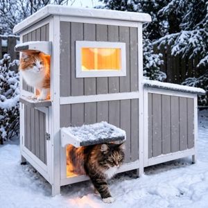 Pawbuilt Outdoor Cat House for 2-3 Cats, 2-Story Weatherproof Wooden Cat Shelter with Feeding Station, Openable Asphalt Roof, 3 Rooms & 3 Escape Doors Gray