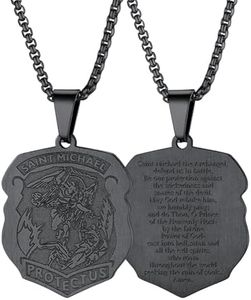FaithHeart Archangel Michael Necklace, St Michael Necklace for Women, Stainless Steel Mens Saint Protective Patron, Can Engrave - Black