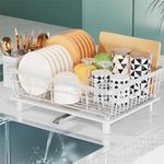 LIONONLY Dish Drying Rack, Space Saving Dish Racks for Kitchen Counter with 360° Rotatable Drain Spout, Multifunctional Dish Rack with Drainboard, Utensil Holder, Kitchen Organizers, White