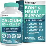 PrimeMD 4-in-1 Calcium Supplements for Women & Men - Calcium 600mg with Vitamin D3 K2 B12 5000 IU Supplement for Heart, Bone & Body Defenses - Gluten-Free, Non-GMO, Vegan Friendly (120 Count)