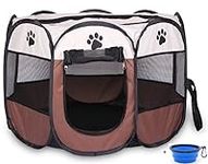 ZuHucpts Indoor Outdoor Dog Pet Playpen/Portable Foldable Puppy Cat Exercise Pen Kennel Tent + Collapsible Travel Bowl | Water Resistant | Removable Shade Cover (Medium (28" x 28" x 18"), Brown)