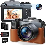 4K Digital Camera, Autofocus 64MP Vlogging Camera for YouTube with 3.0" Screen Dual Cameras Flash 18X Digital Zoom Compact Travel Camera with 64GB SD Card, 2 Batteries for Photography Beginner